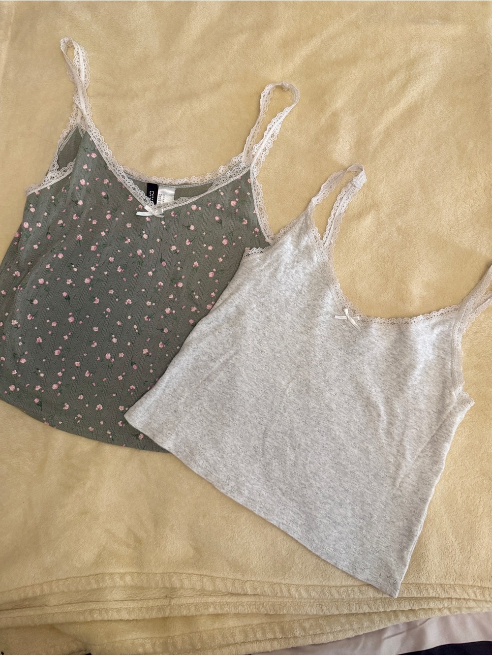 H&M Twin-Pack Lace-Trim Camis — Olive Floral & Light Gray